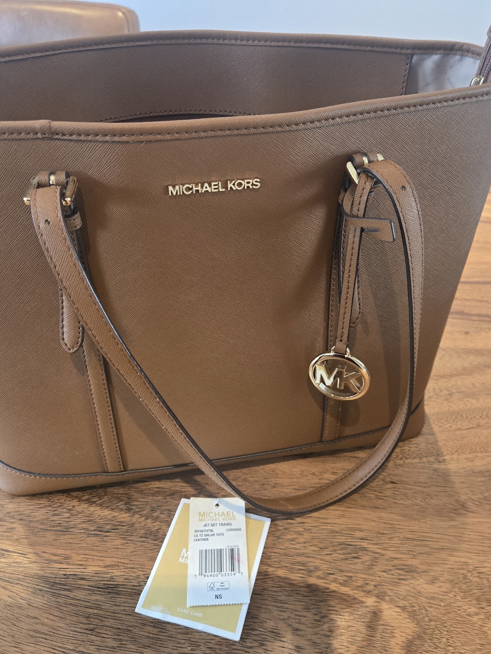 Michael Kors Brown Saffiano Leather Tote with Gold MK Charm